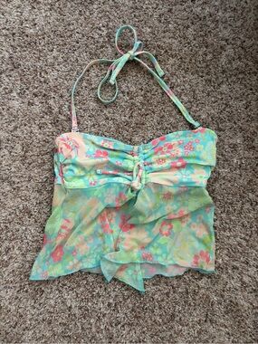 Celebrity Pink Floral Halter Tankini Top in Aqua, Pink, Yellow